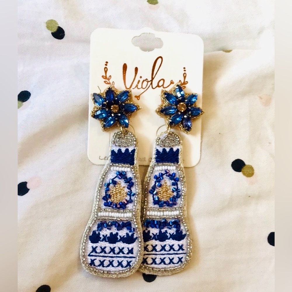 VIOLA Blue Floral Beaded Dangle Earrings W/ Bow At Top, Blue, White, & Gold, NWT